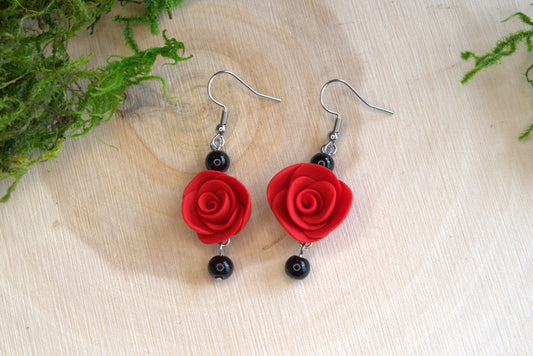 Handmade Rose and Glass Bead Earrings