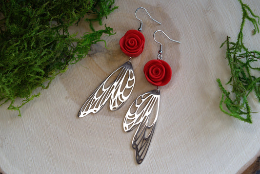 Handmade Clay Rose and Stainless Steel Fairy Wing Fantasy Earrings