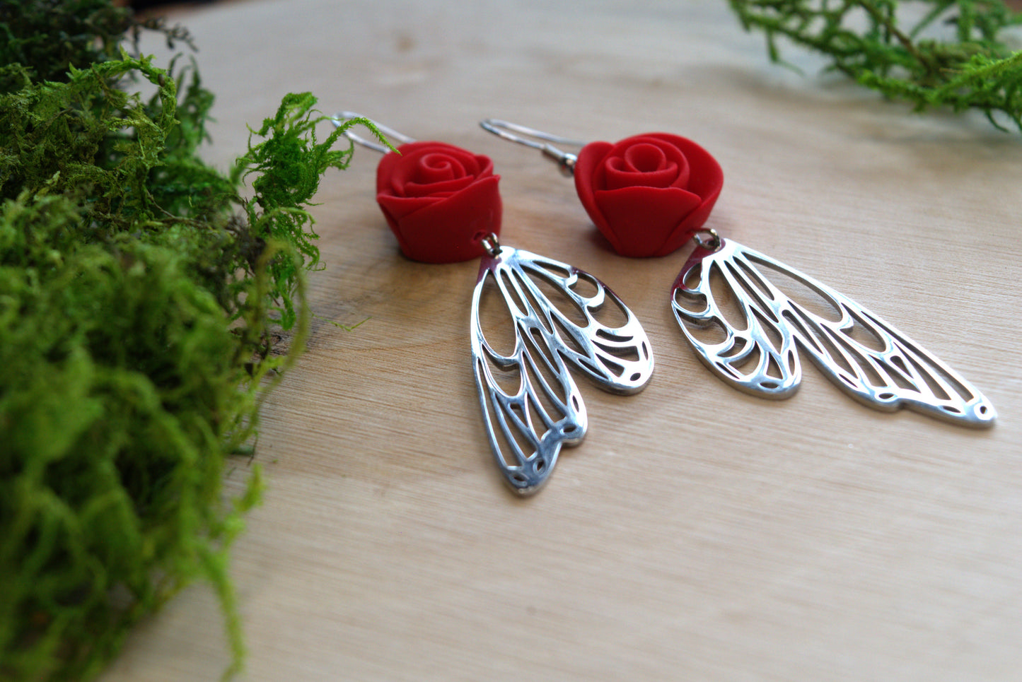 Handmade Clay Rose and Stainless Steel Fairy Wing Fantasy Earrings