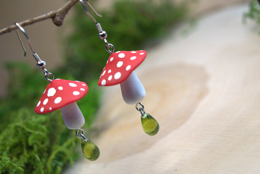 Handmade Clay Mushroom Dangle Earrings